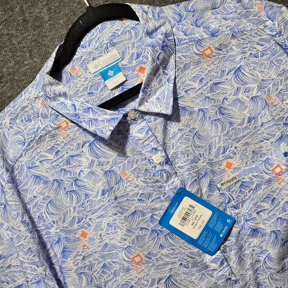 Women's Columbia Sun Drifter PFG Long Sleeve Button Shirt Waves Plus Sz 2X
